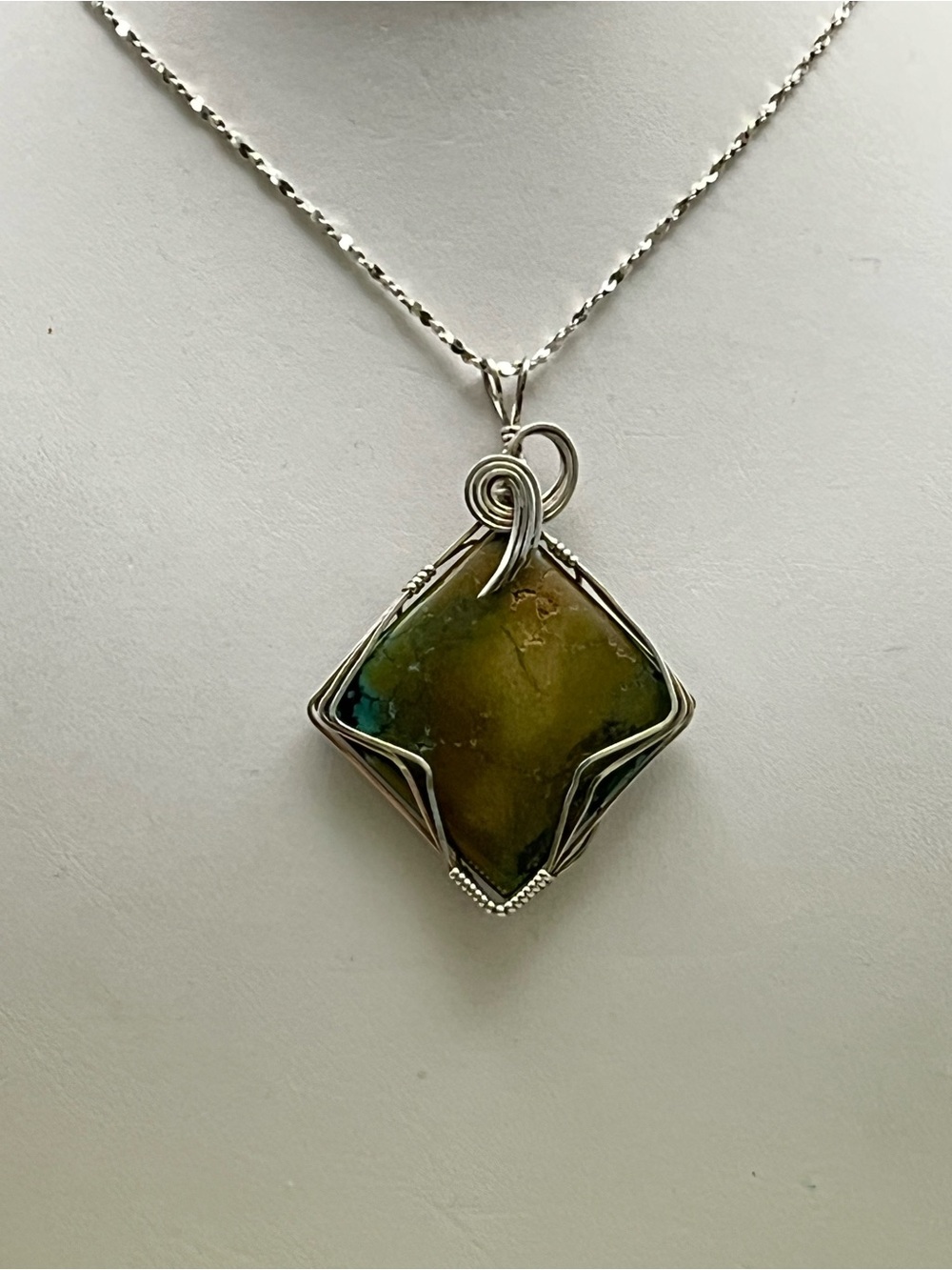 Handmade Sterling Silver Wire Wrapped Green Turquoise Pendant Necklace Artisan